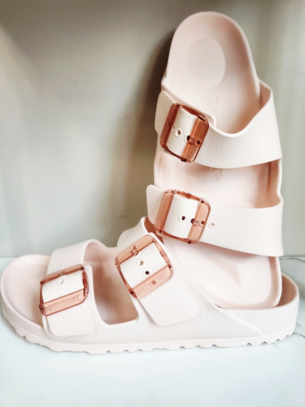 Birkenstock Women's Triple Buckle Sandals in Pale Pink with Rose-Gold Buckles